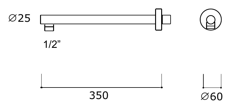 350 mm Horizontal Wall Arm for Fixed Shower Heads technical drawing with dimensions