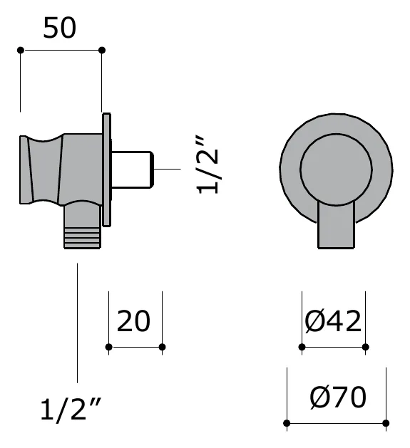 Half Inch Wall Water Inlet with Integrated Shower Cradle technical drawing with dimensions