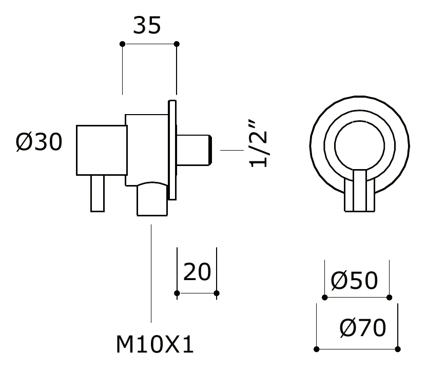 M10x1 Flexible Water Stop Cock technical drawing with dimensions