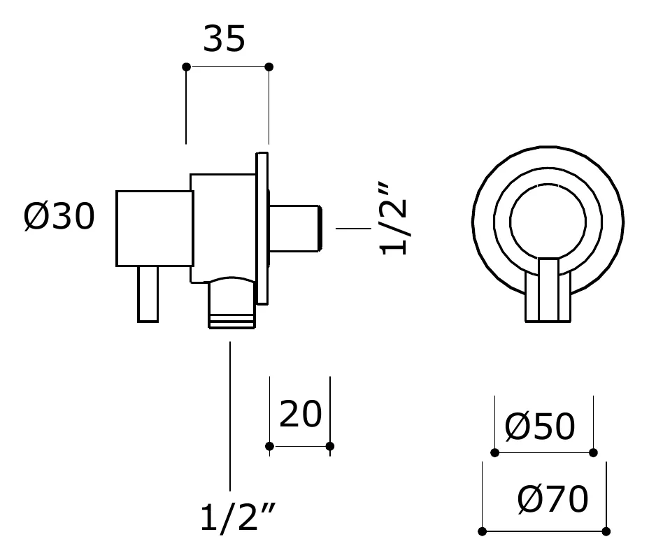 Half Inch Water Stop Cock technical drawing with dimensions