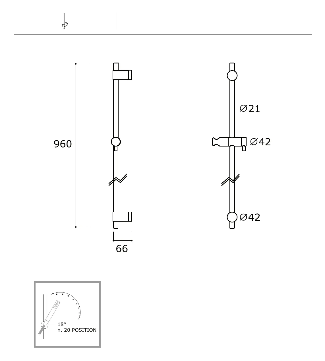 Modular Shower Slide Bar technical drawing with dimensions