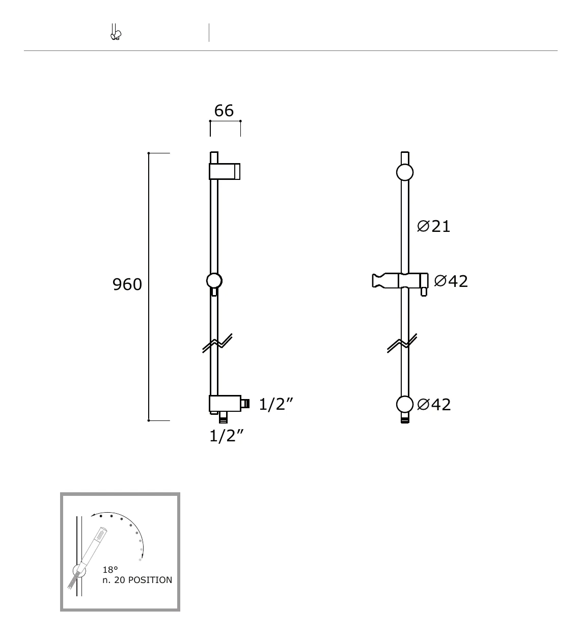 Shower Slide Bar with Water Connection and Adjustable Holder technical drawing with dimensions