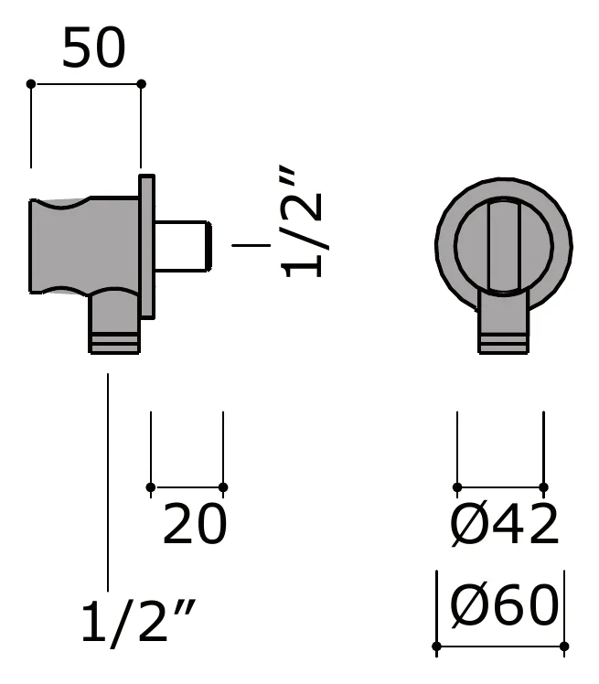 Hand Shower Water Connection with Wall Support technical drawing with dimensions