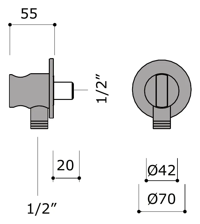 Exposed Water Connection with Integrated Hand Shower Support technical drawing with dimensions