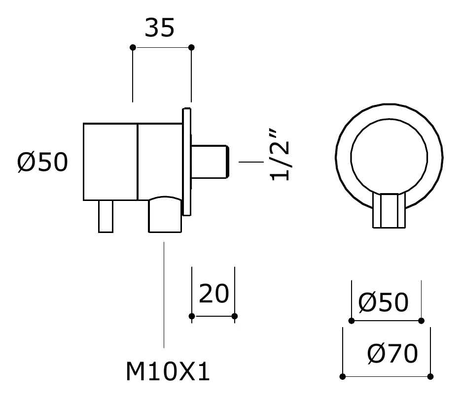 M10x1 Isolating Valve for Rigid Supply technical drawing with dimensions