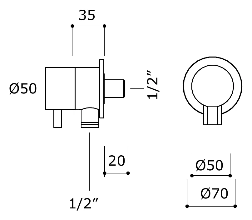Half Inch Isolation Cock for Supply Pipe technical drawing with dimensions