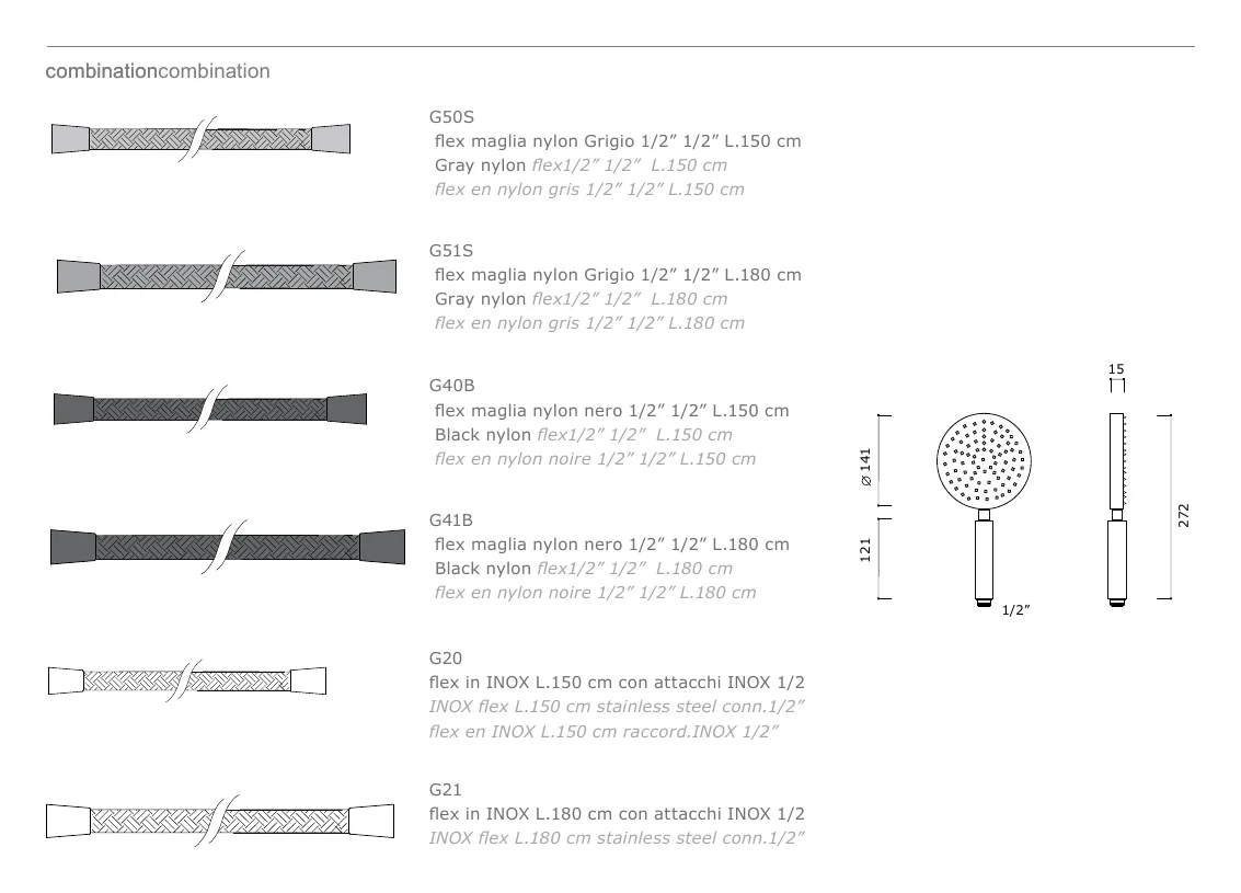 Half Inch Hand Shower in Five Finishes technical drawing with dimensions