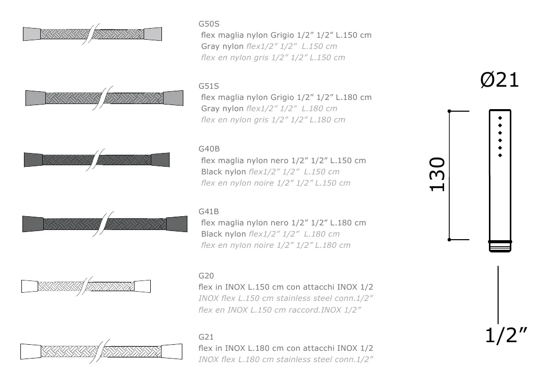 Half Inch Hand Shower in Marine Grade Steel technical drawing with dimensions
