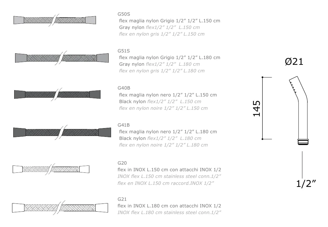 Hand Shower with Half Inch Connection technical drawing with dimensions