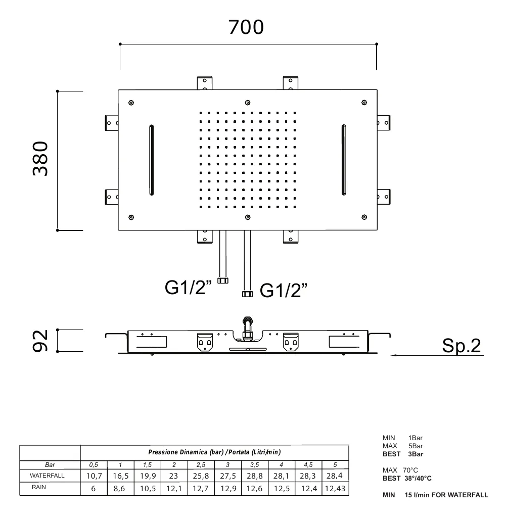 700 x 380 mm Ceiling Mounted Rainfall Shower Head technical drawing with dimensions