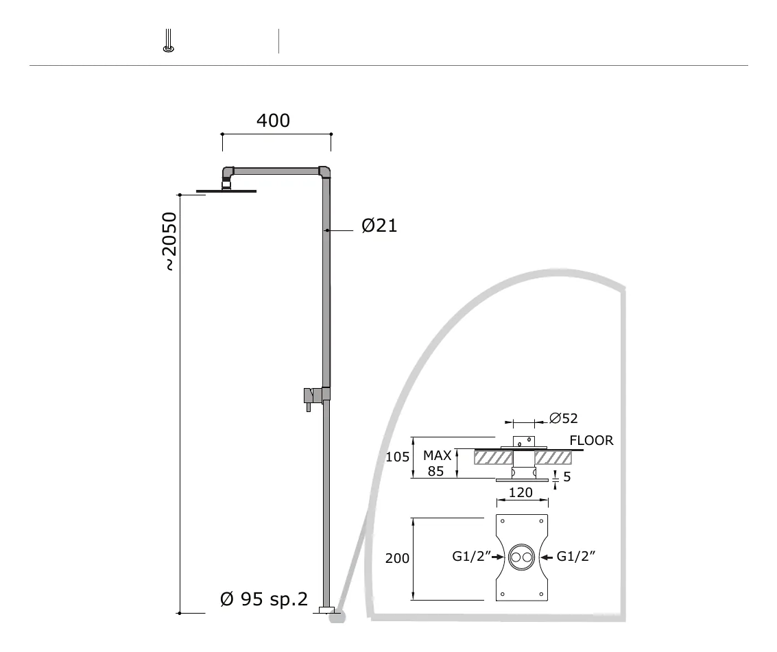 Freestanding Shower Column with Mixer and Overhead Head technical drawing with dimensions