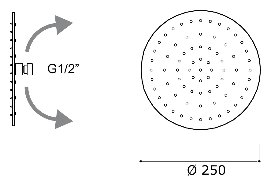 250 mm Tilting Shower Head for Arm or Riser technical drawing with dimensions