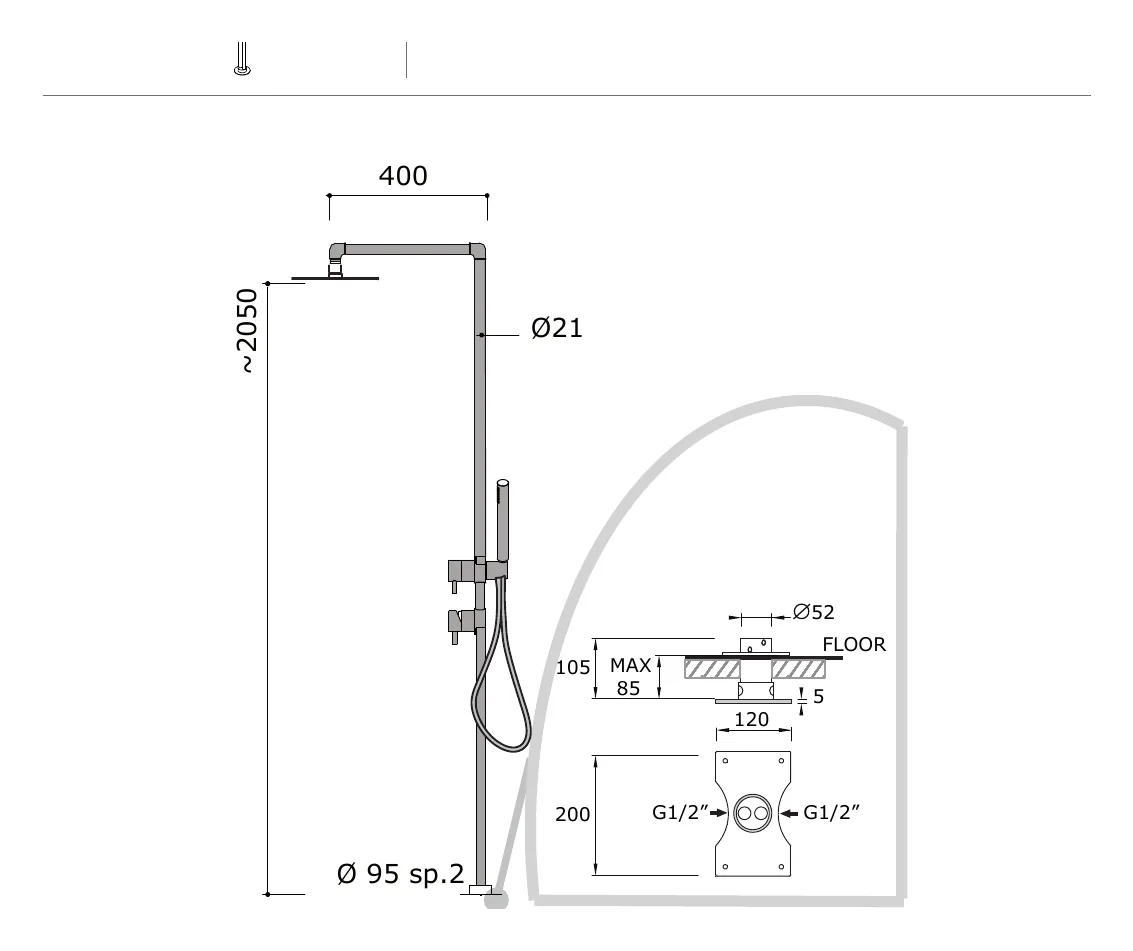 Freestanding Shower Column with Diverter and Handheld technical drawing with dimensions