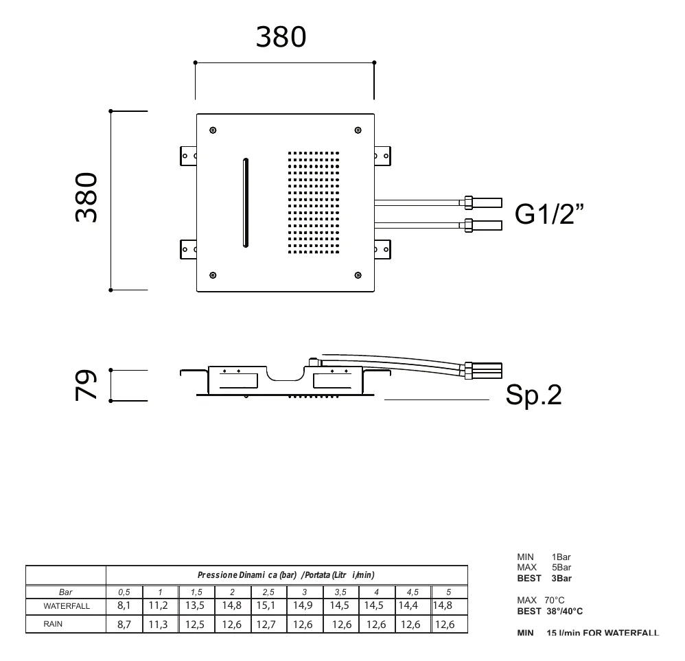380 x 380 mm Square Ceiling Rainfall Shower Head technical drawing with dimensions