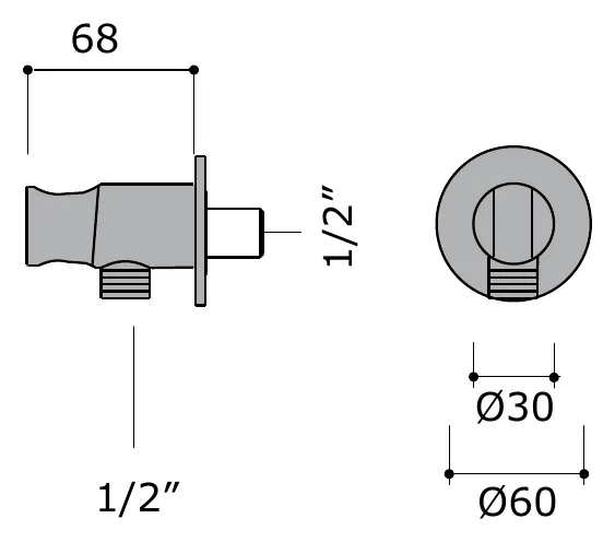 Half Inch Shower Water Inlet with Wall Cradle technical drawing with dimensions
