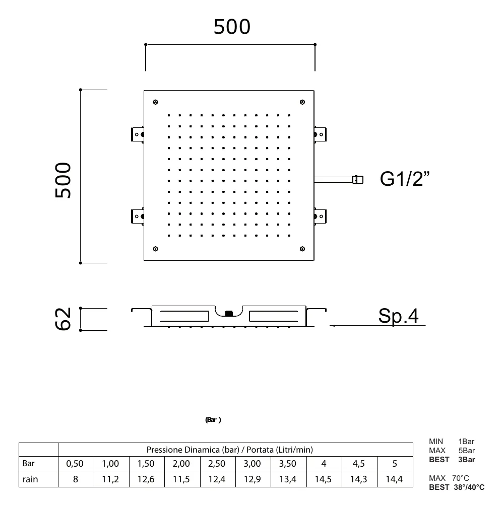 500 x 500 mm Ceiling Mounted Rain Shower Head technical drawing with dimensions