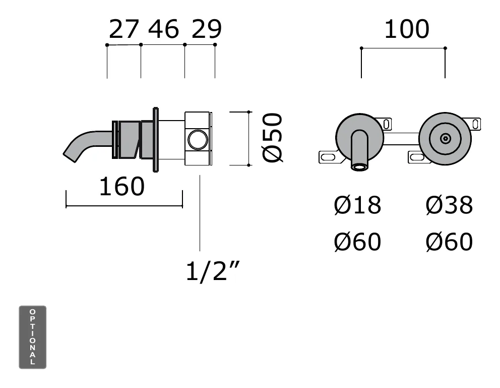 Wall Mounted Basin Set with 160mm Spout, 316L technical drawing with dimensions