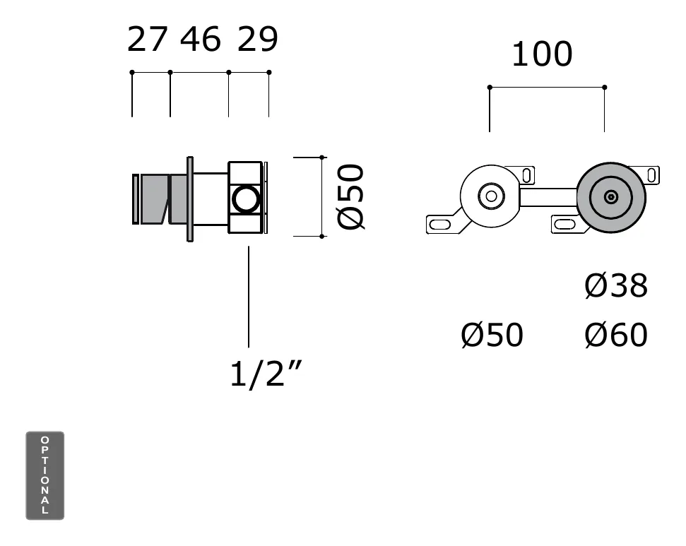 Concealed Wet Room Mixer Without Spout technical drawing with dimensions