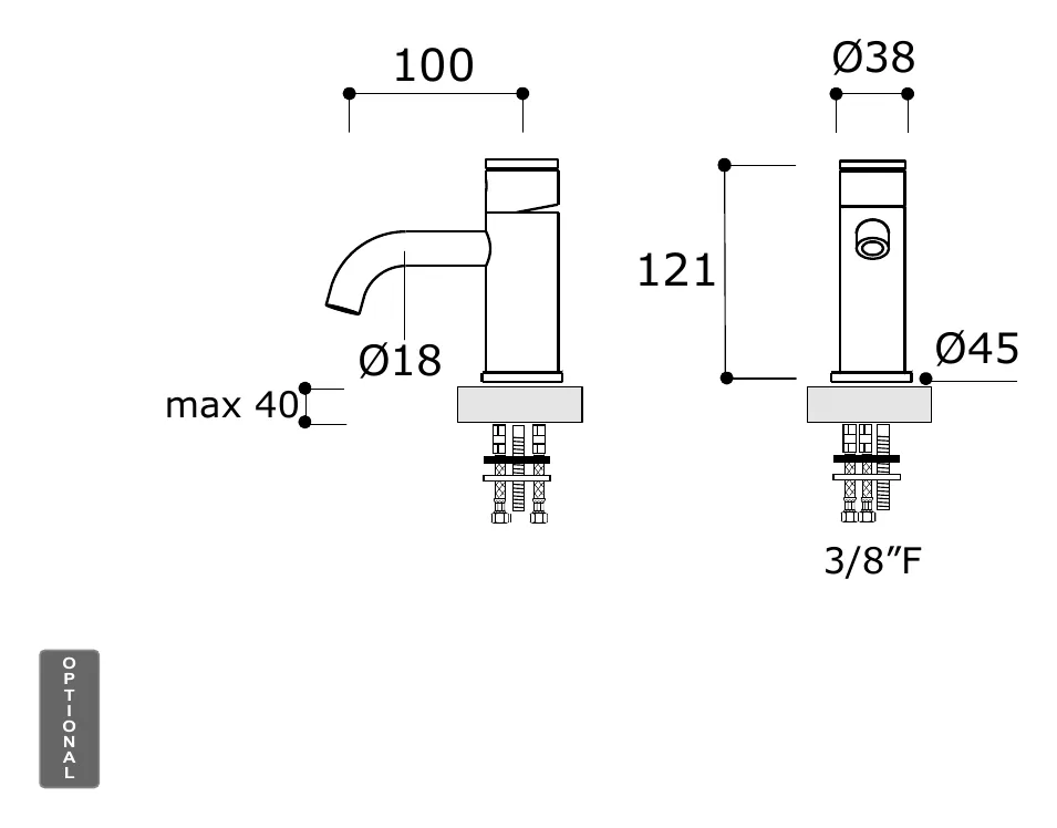 Deck Mounted Basin Mixer Without Drain, 316L technical drawing with dimensions