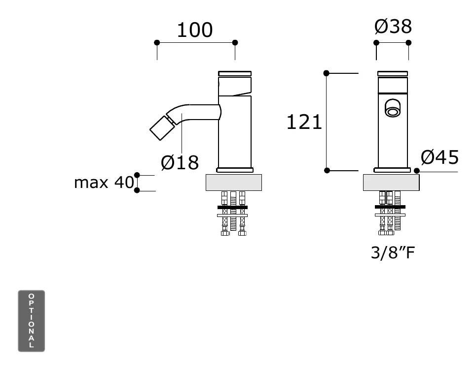 Bidet Mixer for Deck Mounting, Supplied Without Drain technical drawing with dimensions