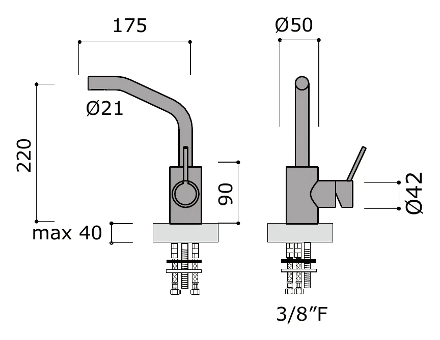 Deck Mounted Basin Mixer without Pop-Up Waste technical drawing with dimensions