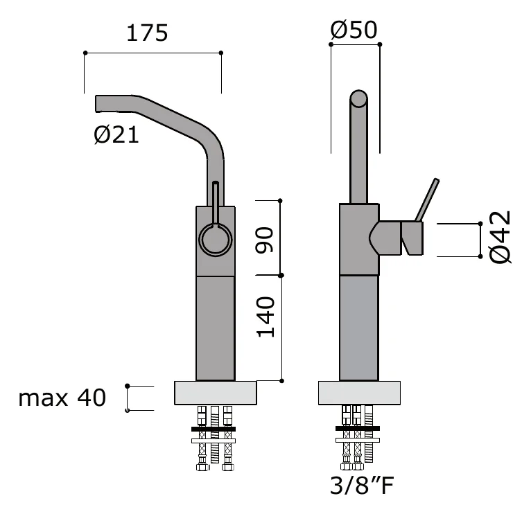 Deck Mounted Basin Mixer, No Waste, Tall Body technical drawing with dimensions