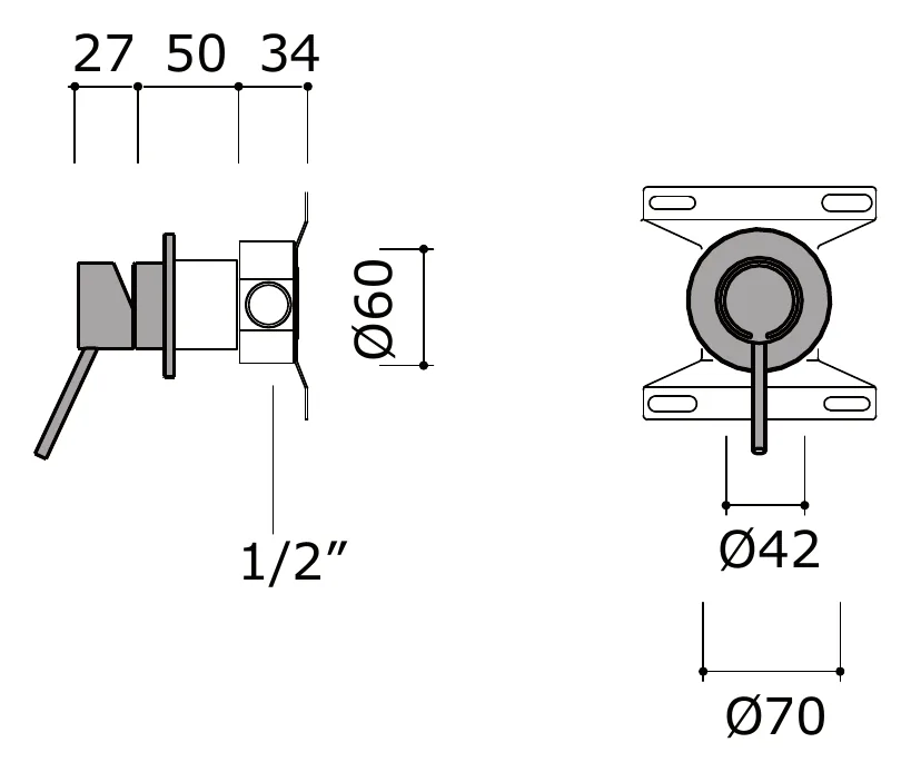 Concealed Wall Mounted Mixer technical drawing with dimensions