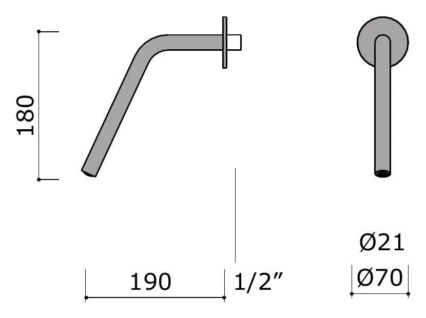 Wall Mounted Spout for Bath or Shower Wall technical drawing with dimensions