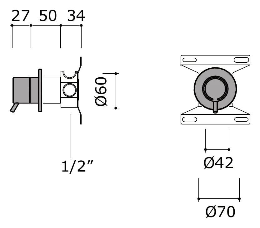 Concealed Two Way Diverter technical drawing with dimensions