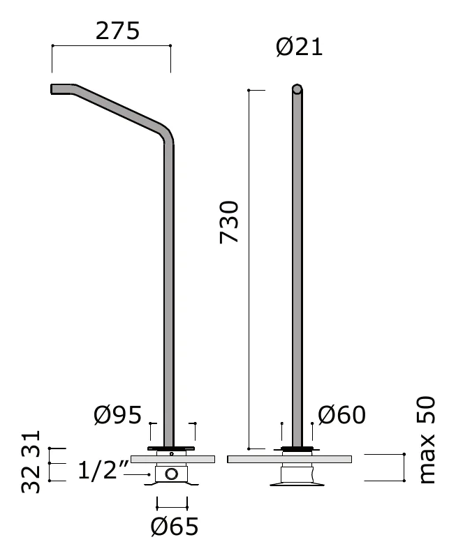 Floor Standing Bath Spout technical drawing with dimensions