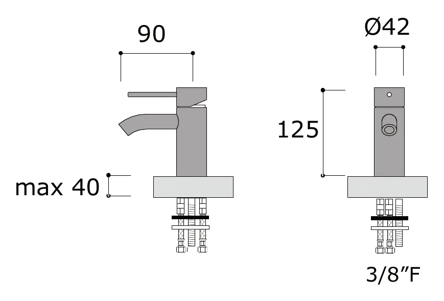 Deck Mounted Bidet Mixer without Waste technical drawing with dimensions