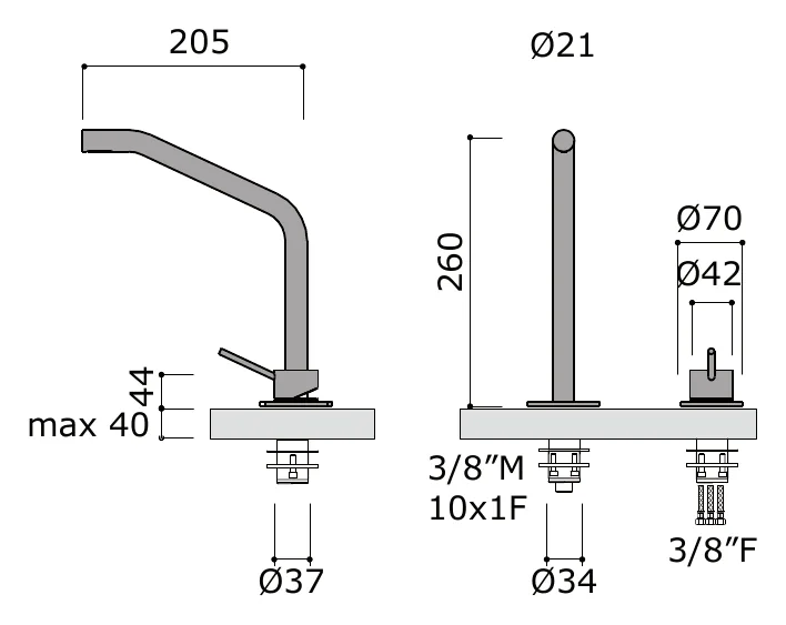 Deck Mounted Basin Set with Mixer and Spout technical drawing with dimensions