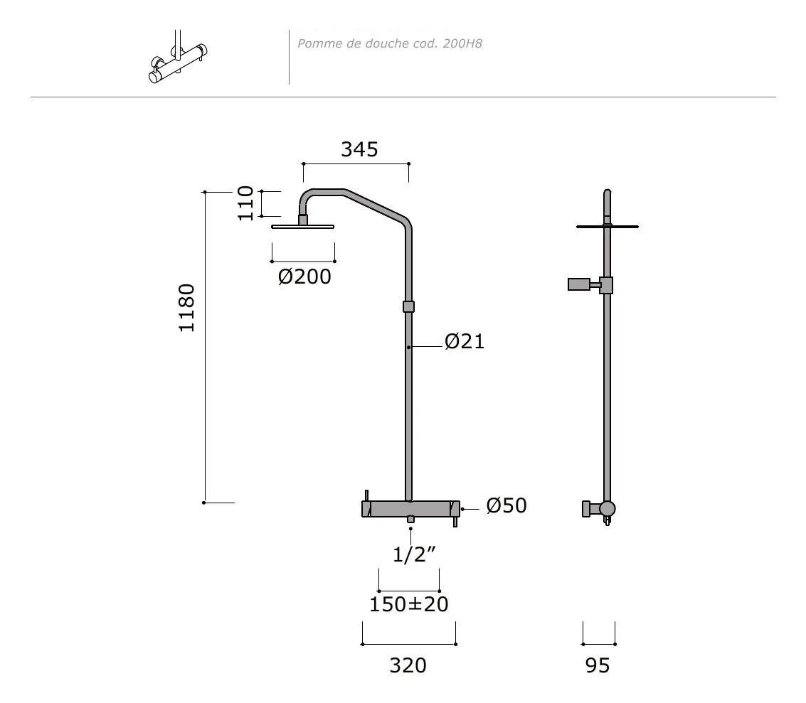 Two Mixer External Shower with 200mm Head technical drawing with dimensions
