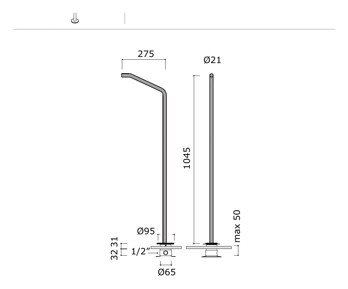 Floor Standing Basin Spout technical drawing with dimensions