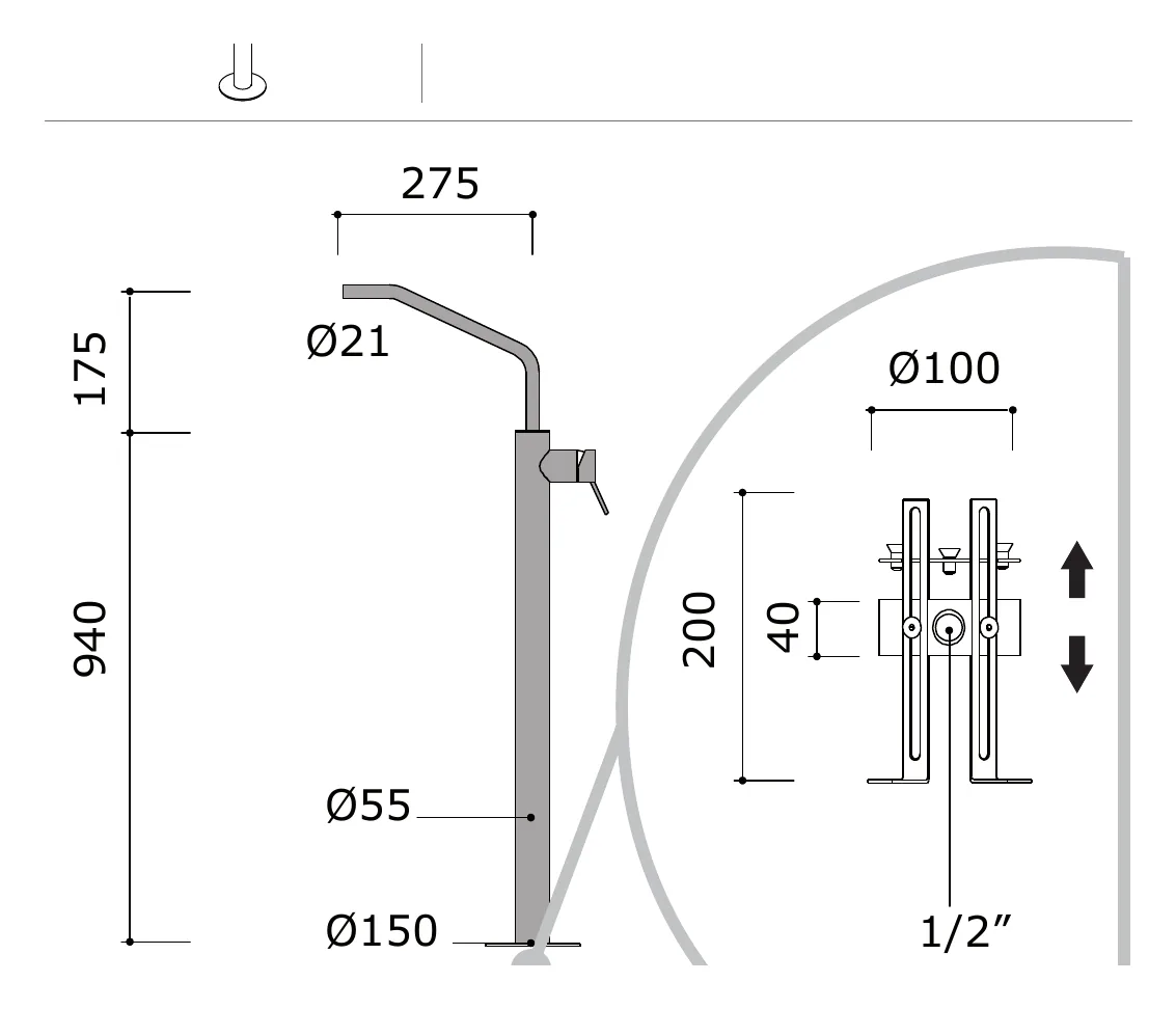 Floor Standing Basin Mixer Column technical drawing with dimensions
