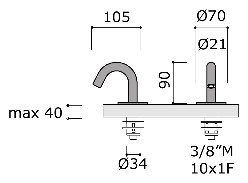 Deck Mounted Bidet Spout for Rim Mounting technical drawing with dimensions
