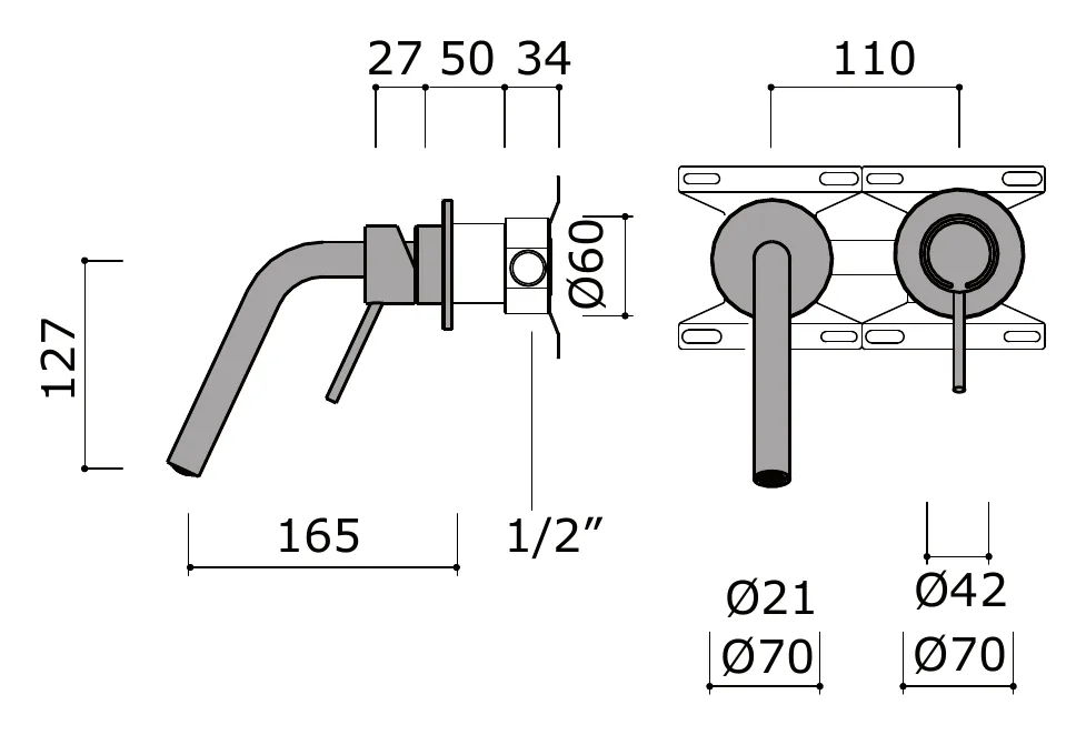 Compact Concealed Wall Mounted Basin Mixer Set technical drawing with dimensions