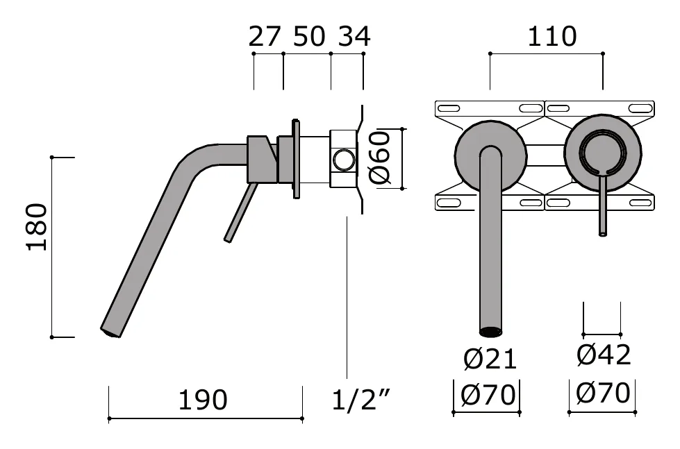 Long Reach Concealed Wall Mounted Basin Set technical drawing with dimensions