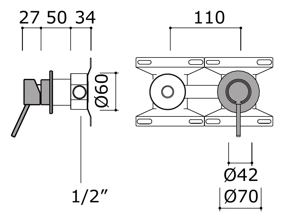 Concealed Wall Mixer, Trim Only, No Spout technical drawing with dimensions
