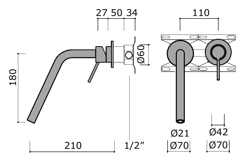 Concealed Wall Mounted Bathtub Mixer Set technical drawing with dimensions