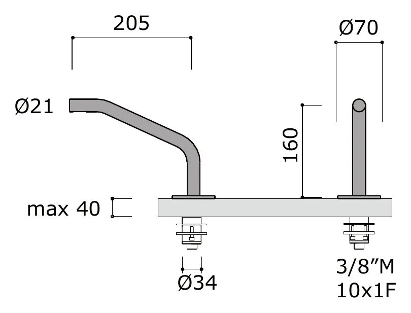 Deck Mounted Bath Spout for Tub Rim technical drawing with dimensions