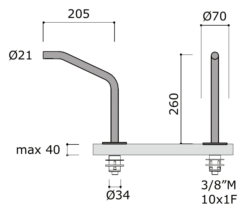 Deck Mounted Spout for Bath or Basin Rim technical drawing with dimensions