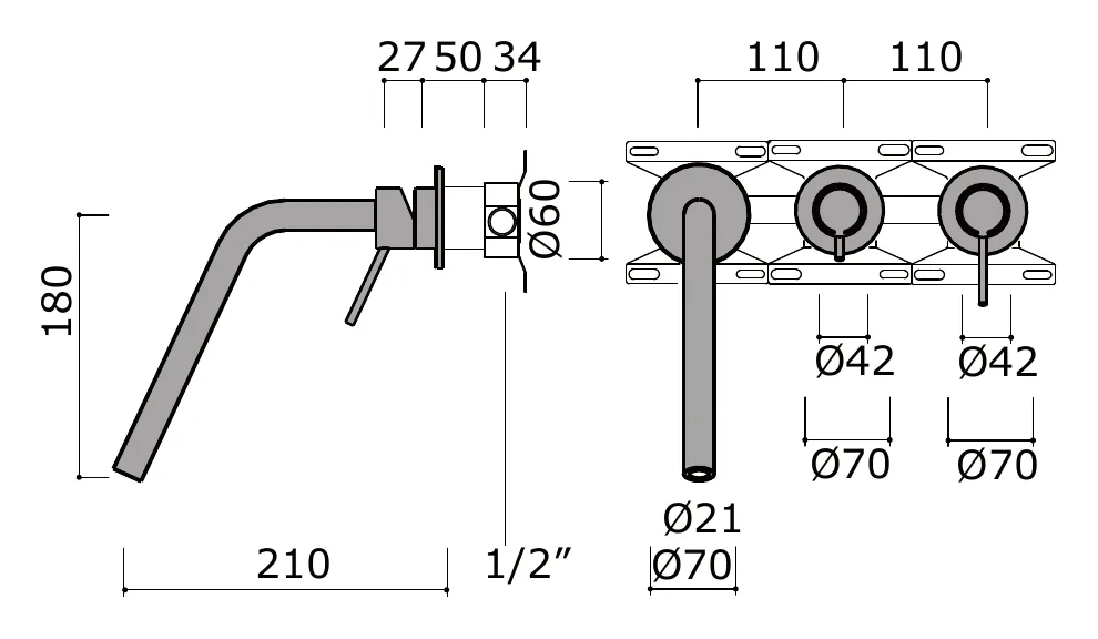 Concealed Wall Bathtub Set with Two Way Diverter technical drawing with dimensions