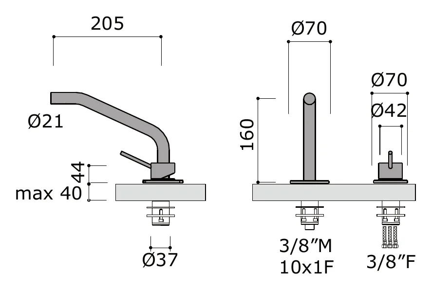 Deck Mounted Bathtub Mixer Set technical drawing with dimensions