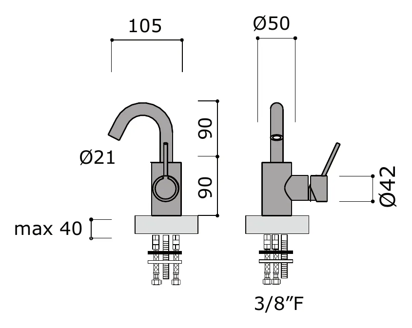 Deck Mounted Bidet Mixer, One Hole, No Waste technical drawing with dimensions