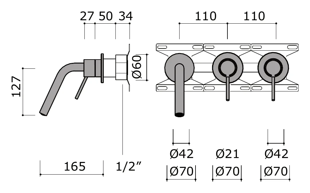 Wall Mounted Bath Spout With Hot And Cold Controls technical drawing with dimensions