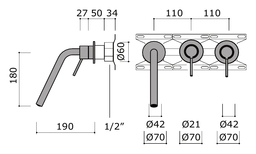Long Reach Wall Mounted Bath Spout With Hot And Cold Controls technical drawing with dimensions