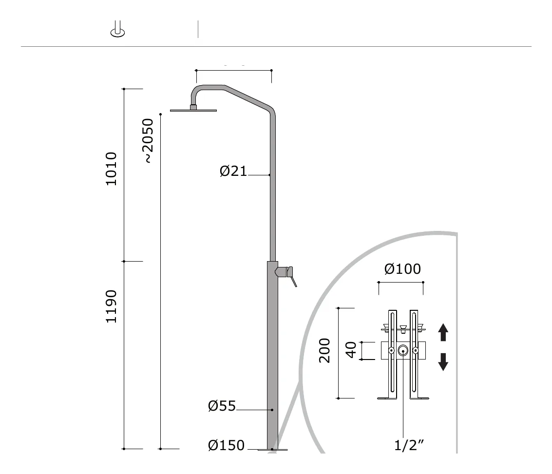 Freestanding Shower Set With Mixer And 200 mm Head technical drawing with dimensions