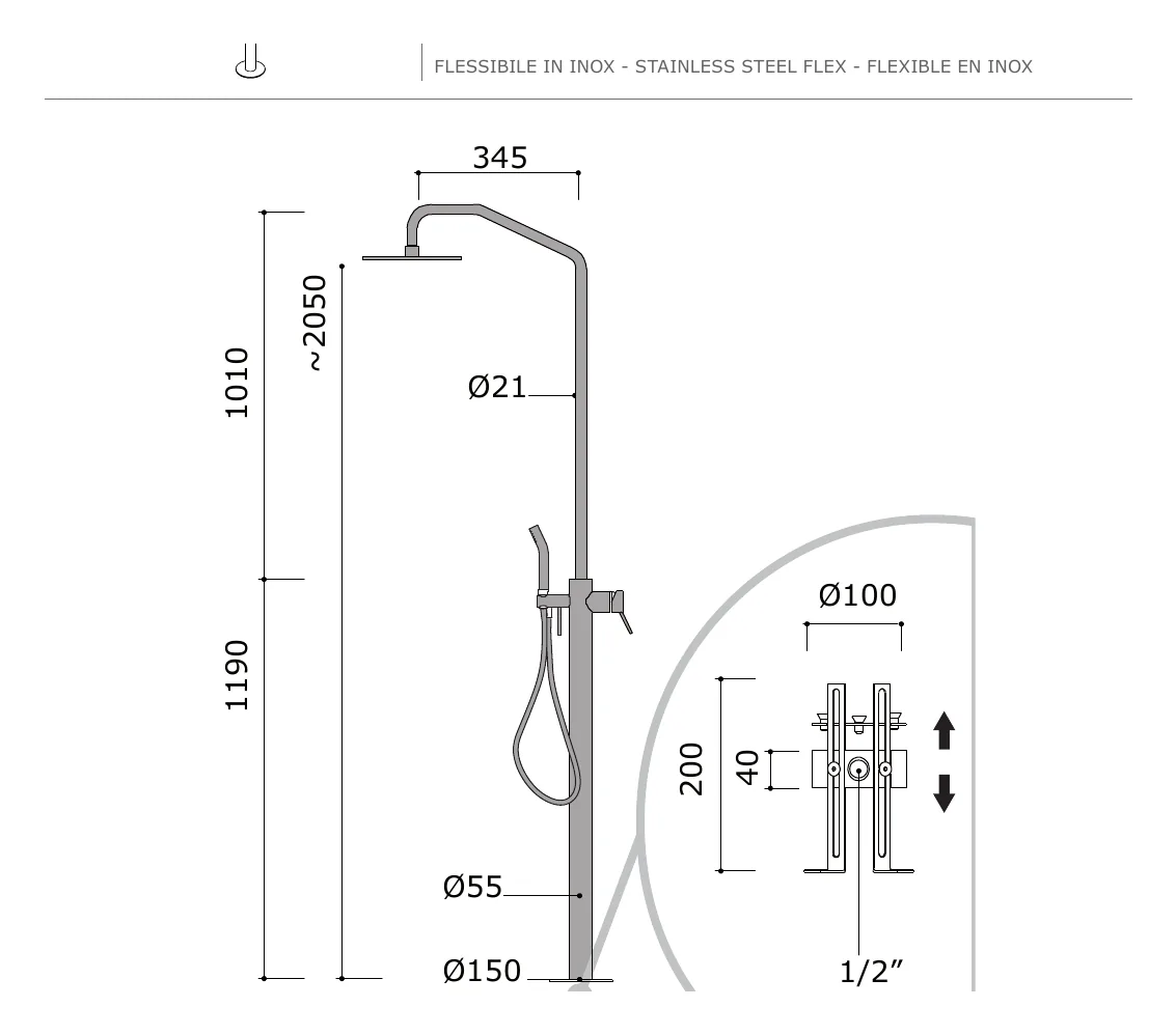 Freestanding Shower Set With Diverter, Handshower And 200 mm Head technical drawing with dimensions