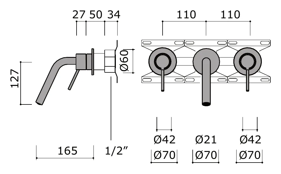 Compact Wall Mounted Bath Spout With Hot And Cold Controls technical drawing with dimensions